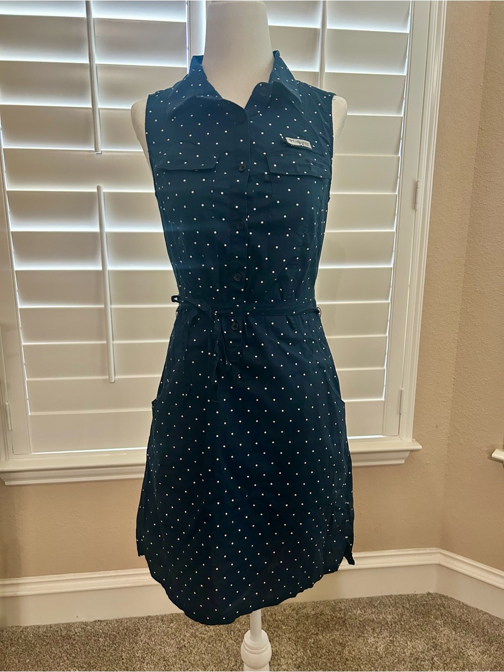 Columbia Navy Polka Dot Sleeveless Shirt Dress